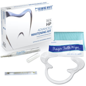 Advanced Whitening Kit with 16% hydrogen peroxide teeth whitening gel, finger wipe, cheek retractor, dental bib, vitamin e swab, box