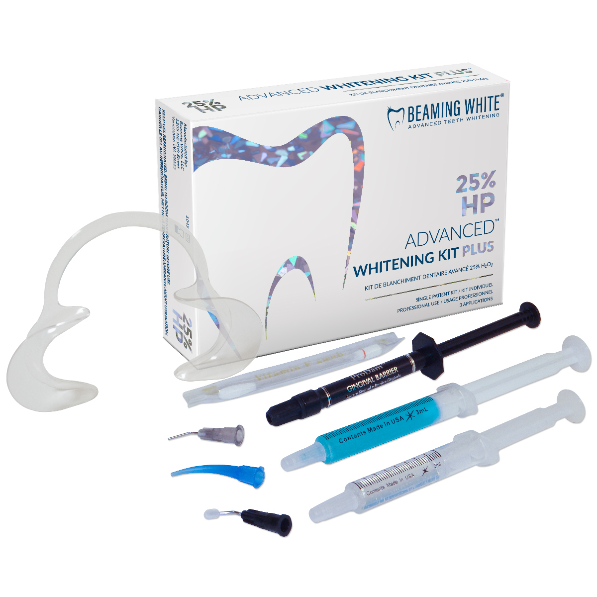 Beaming White Advanced Kit Plus with 25% hydrogen peroxide teeth whitening gel, gingival barrier, remi gel, cheek retractor, and box