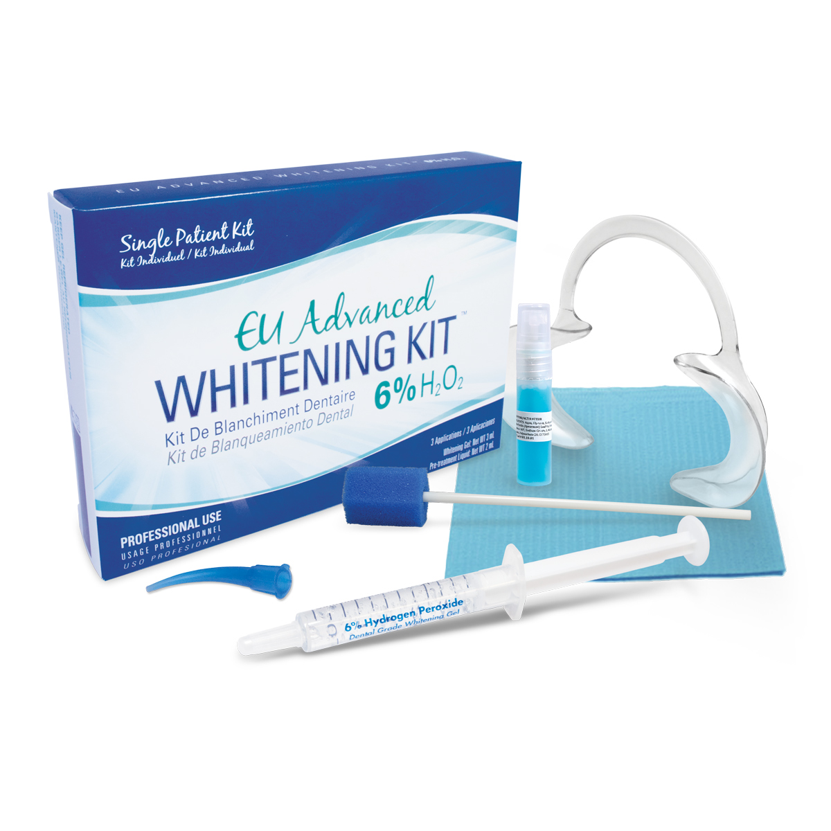 EU Advanced Whitening Kit with 6% hydrogen peroxide gel, activator, sponge applicator, cheek retractor, dental bib
