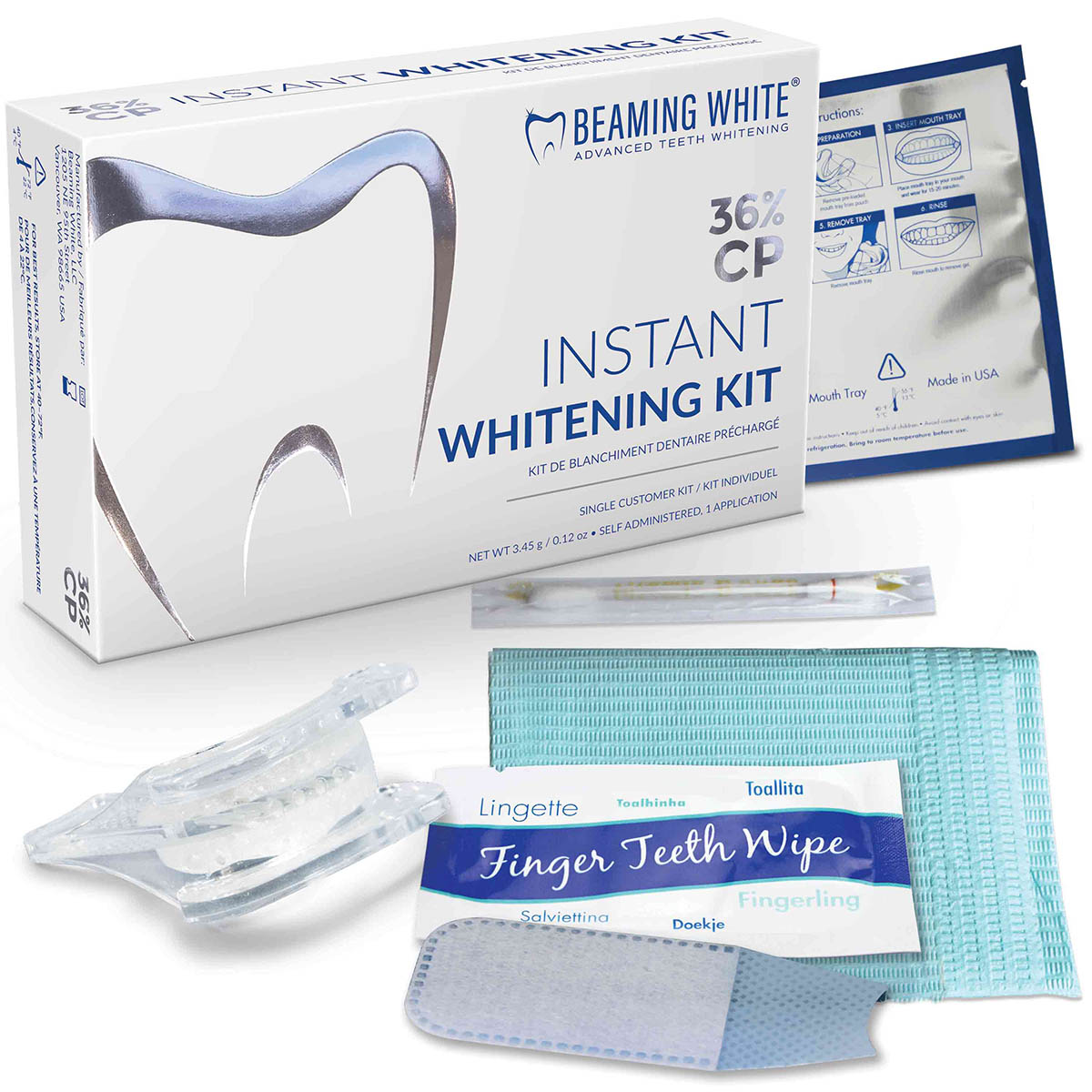 Instant teeth whitening kit with 36% cp gel, platform tray, finger wipe, vitamin e swab, dental bib